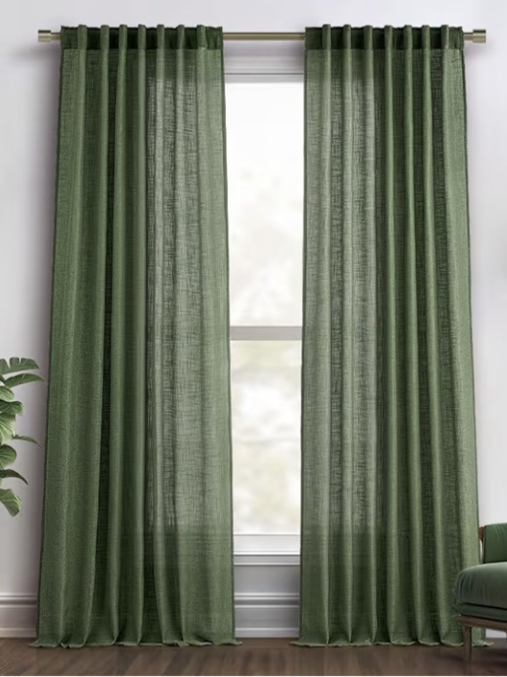 Sheer Olive Green Linen Blend Curtains – 84” Length